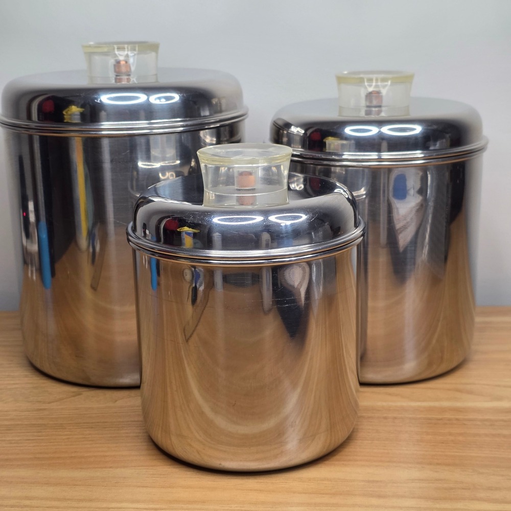 Set 3 Revere Ware MCM Nesting Canisters Tel-U-Top Stainless Steel Lucite Handles